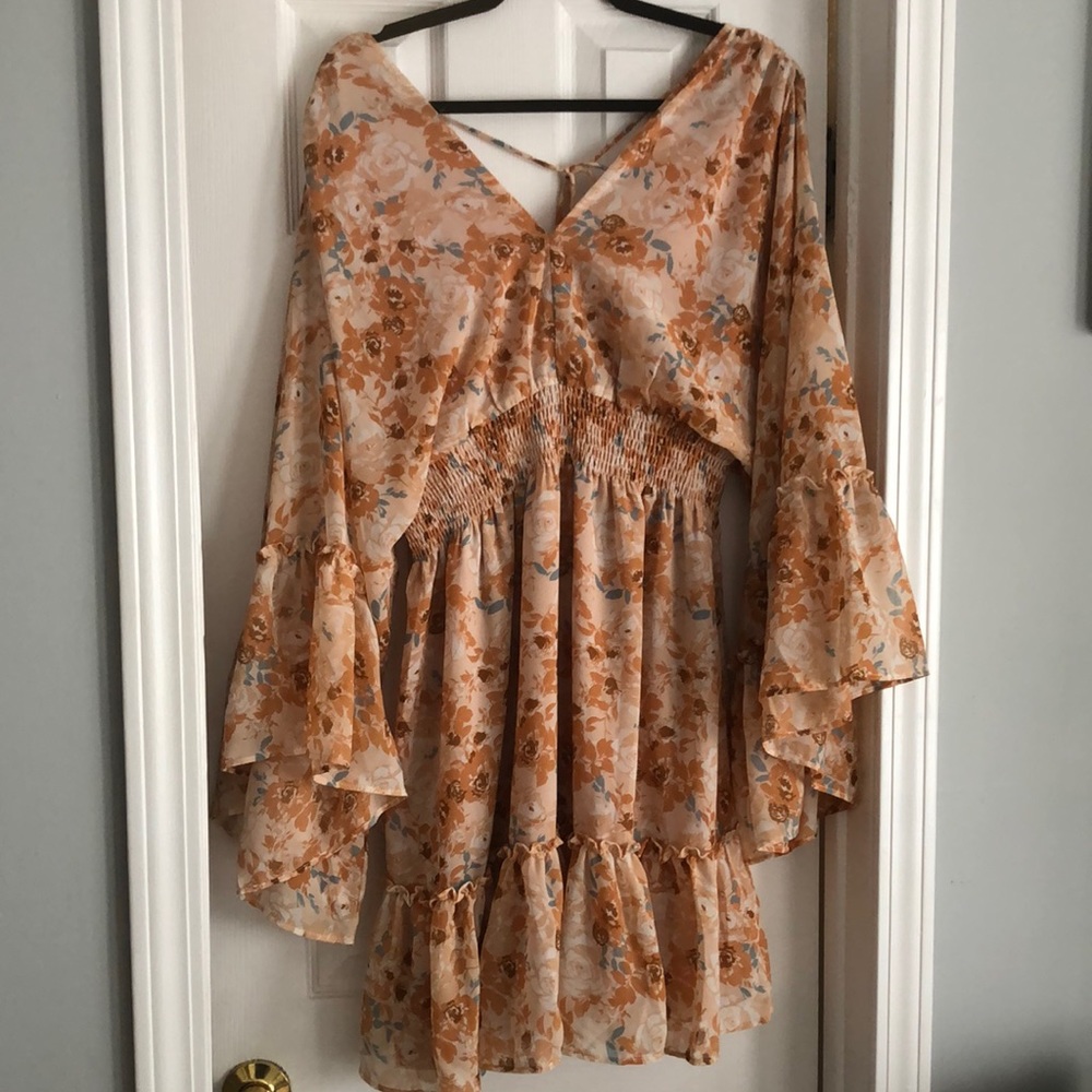 First Love Boutique Floral Print Bell Sleeve Cinched Waist Dress